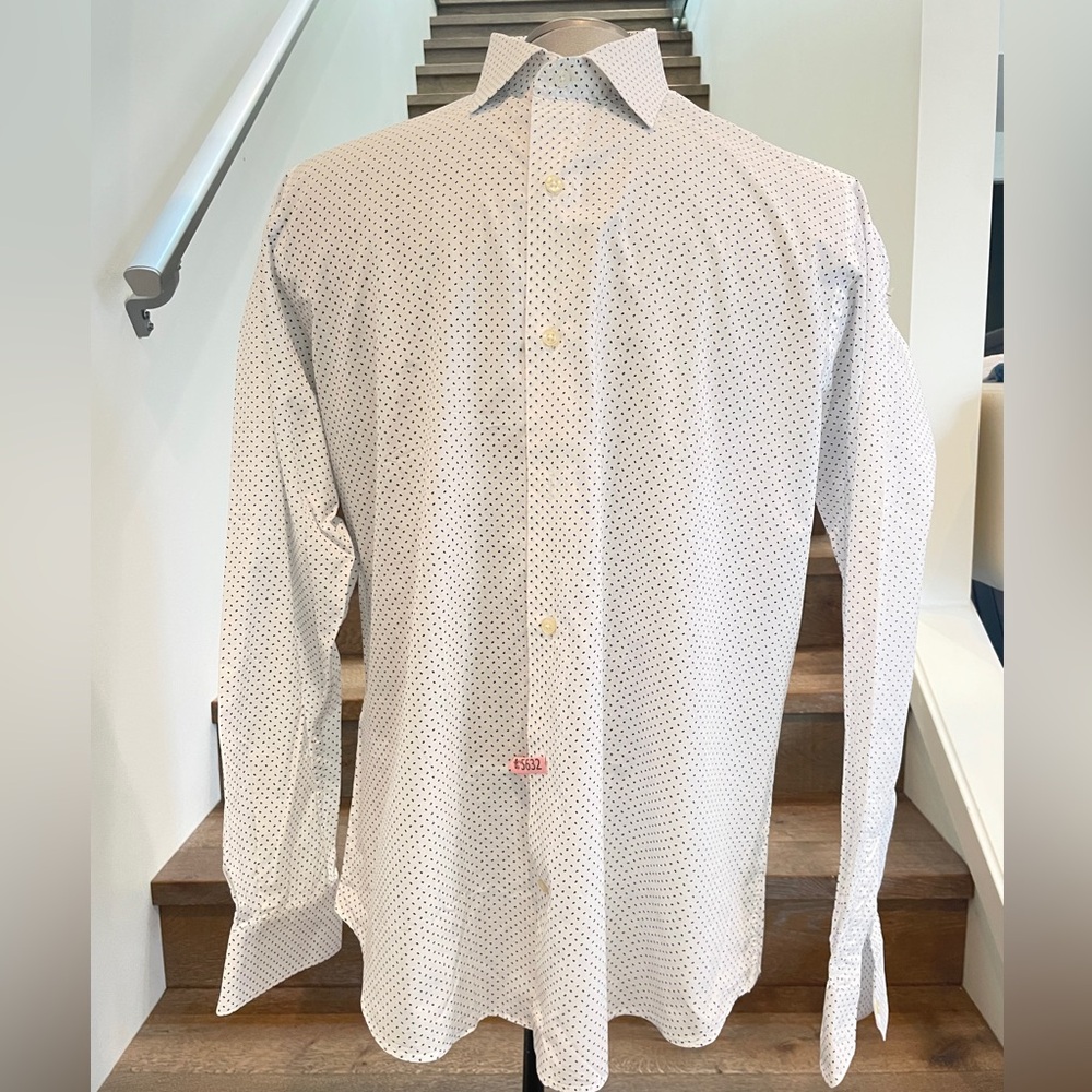 Massimo Dutti White Dress Shirt with Tiny Navy Dot Print